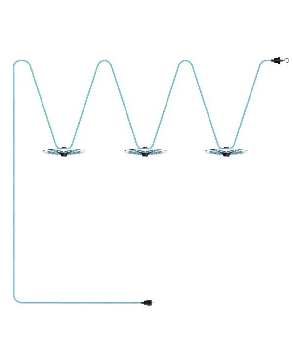 Lumet Lichterkettensystem 'Maiolica', 10 m lang, mit Textilkabel, 3 Fassungen und Lampenschirmen, Haken und schwarzem Stecker