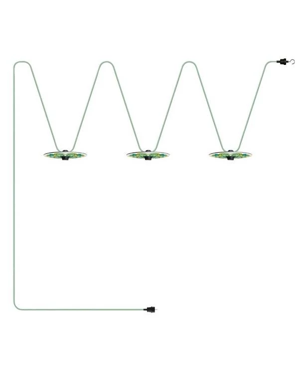 Lumet Lichterkettensystem 'Maiolica', 10 m lang, mit Textilkabel, 3 Fassungen und Lampenschirmen, Haken und schwarzem Stecker