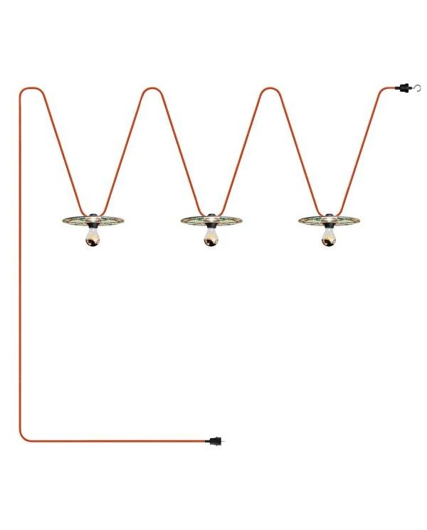 Lumet Lichterkettensystem 'Maiolica', 10 m lang, mit Textilkabel, 3 Fassungen und Lampenschirmen, Haken und schwarzem Stecker