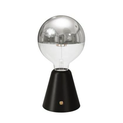 Tragbare, wiederaufladbare LED Leuchte Cabless01 mit Globe Glühbirne mit silberfarbener Kopfspiegelung - Schwarz