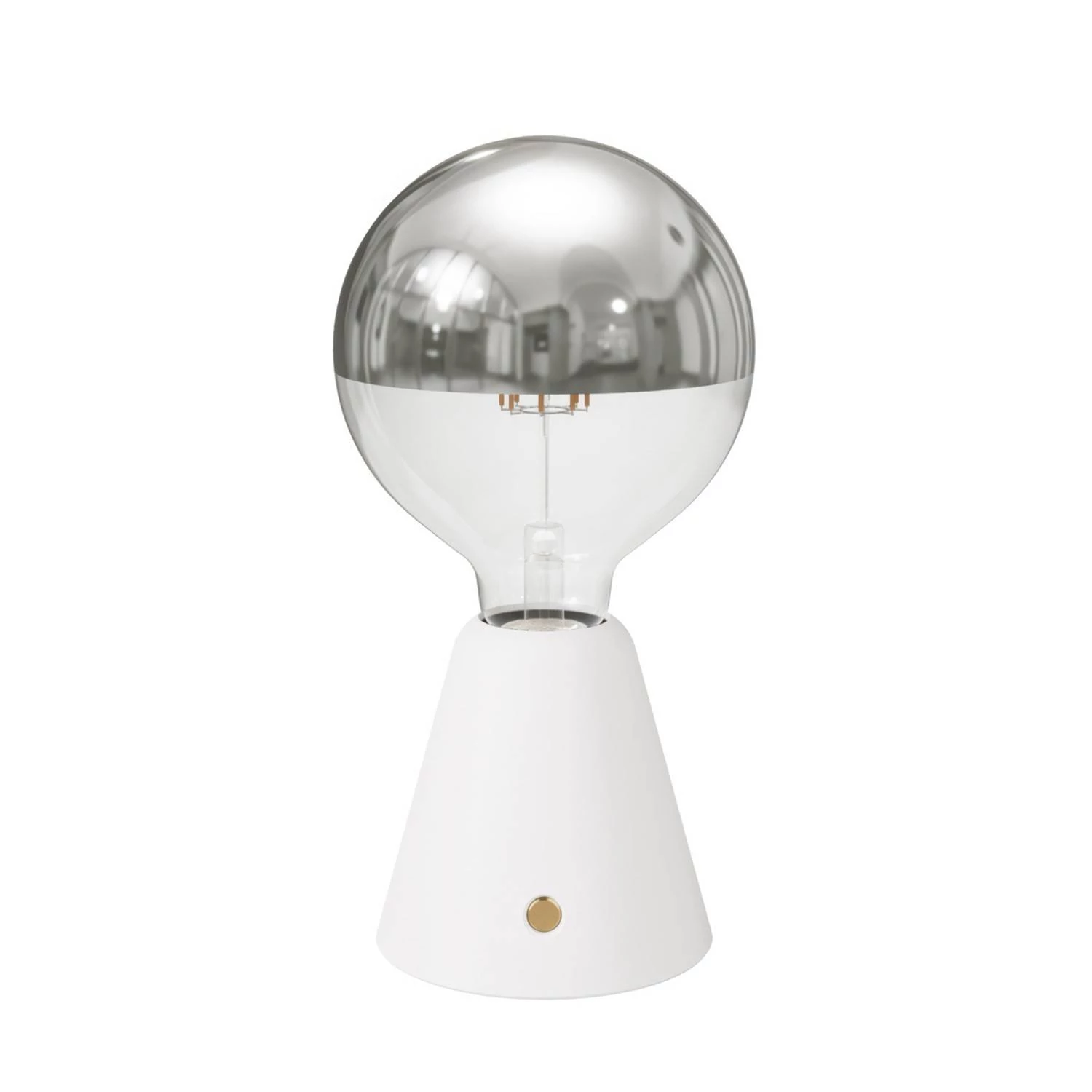 Tragbare, wiederaufladbare LED Leuchte Cabless01 mit Globe Glühbirne mit silberfarbener Kopfspiegelung - Weiß