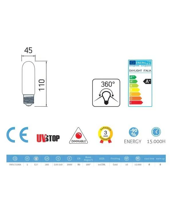 LED-Glühbirne 5W 360Lm E27 Gold ovalförmig T45 , 2000K Dimmbar