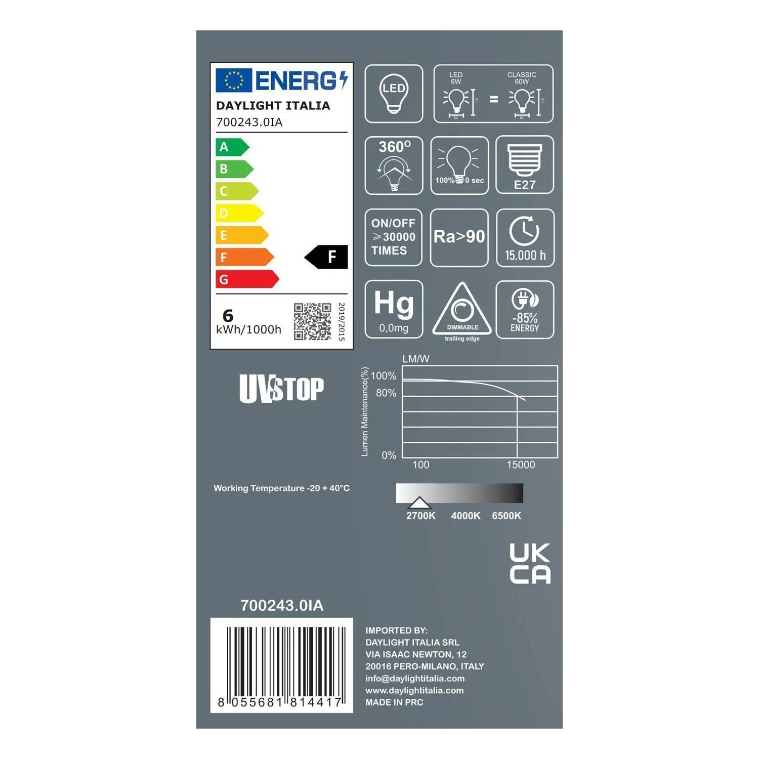 LED-Glühbirne Milo mit Porzellan 6W 530Lm E27 2700K Dimmbar