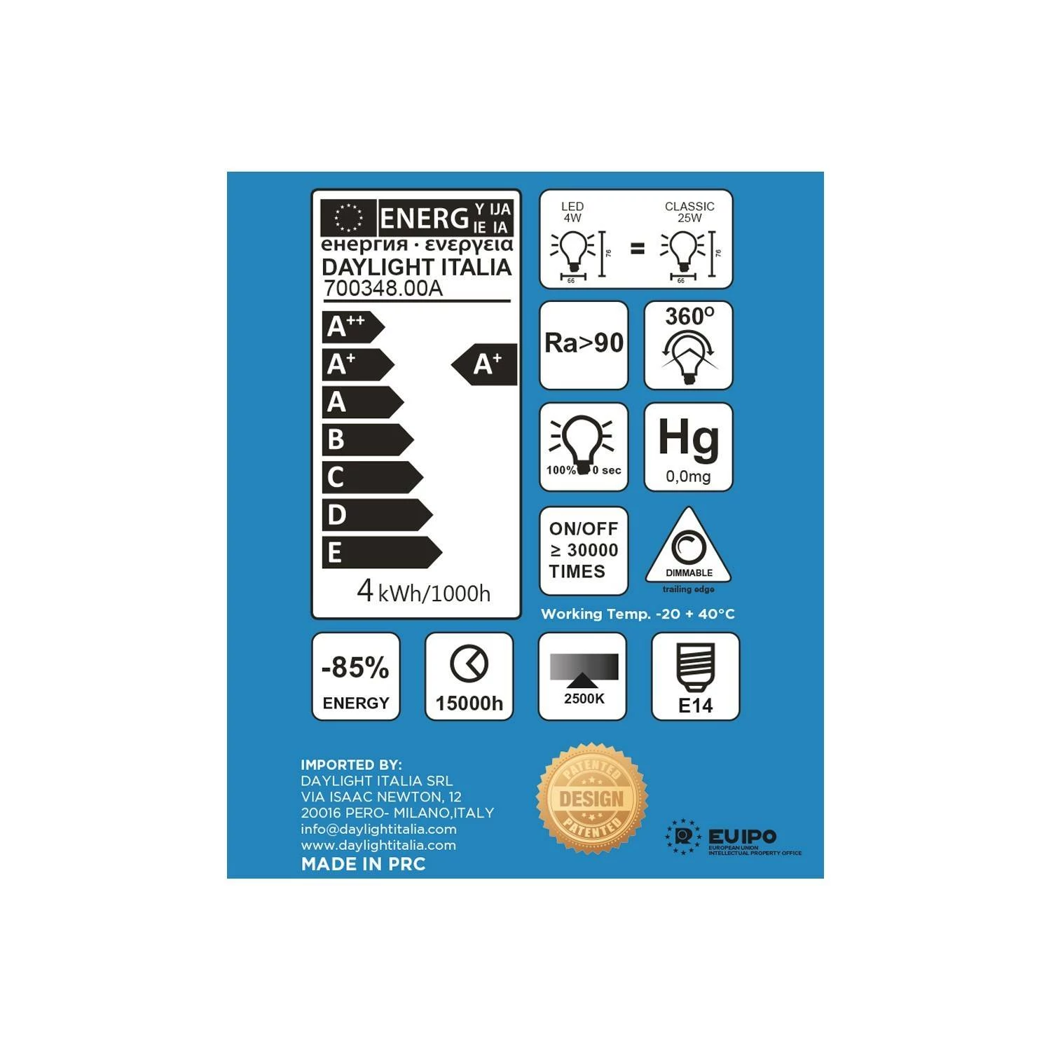 DASH D66 White Frosted LED-Glühbirne gerades Filament 4W 300Lm E14 2700K Dimmbar