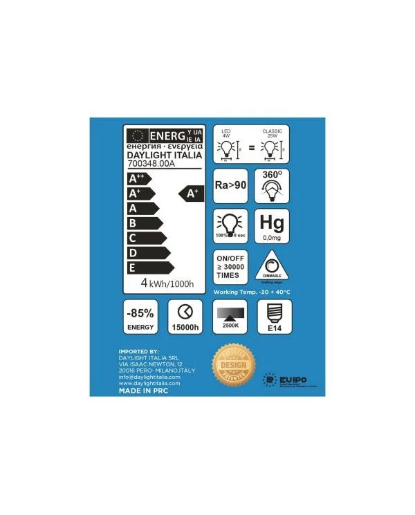 DASH D66 White Frosted LED-Glühbirne gerades Filament 4W 300Lm E14 2700K Dimmbar