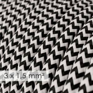 Textilkabel rund mit breitem Querschnitt 3x1,50 - Seideneffekt ZickZack Schwarz RZ04