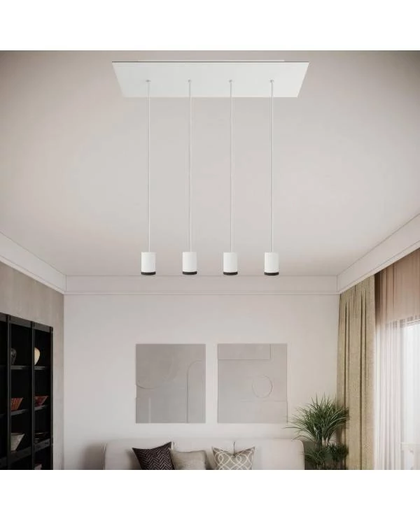 Pendelleuchte mit 4 Aufhängungen mit Mini Strahlern GU1d0 mit rechteckigem XXL Rose-One 675 mm