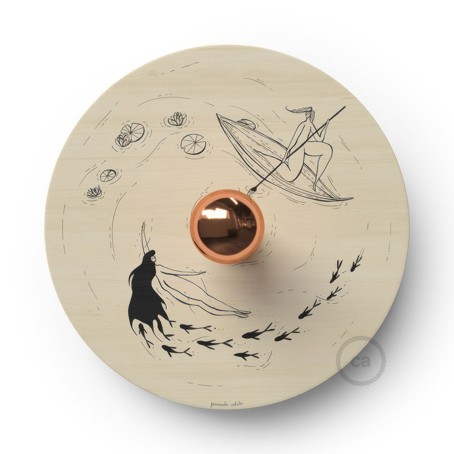 Fermaluce UFO mit doppelseitigem Holzlampenschirm, illustriert von verschiedenen Künstlern, romantisch