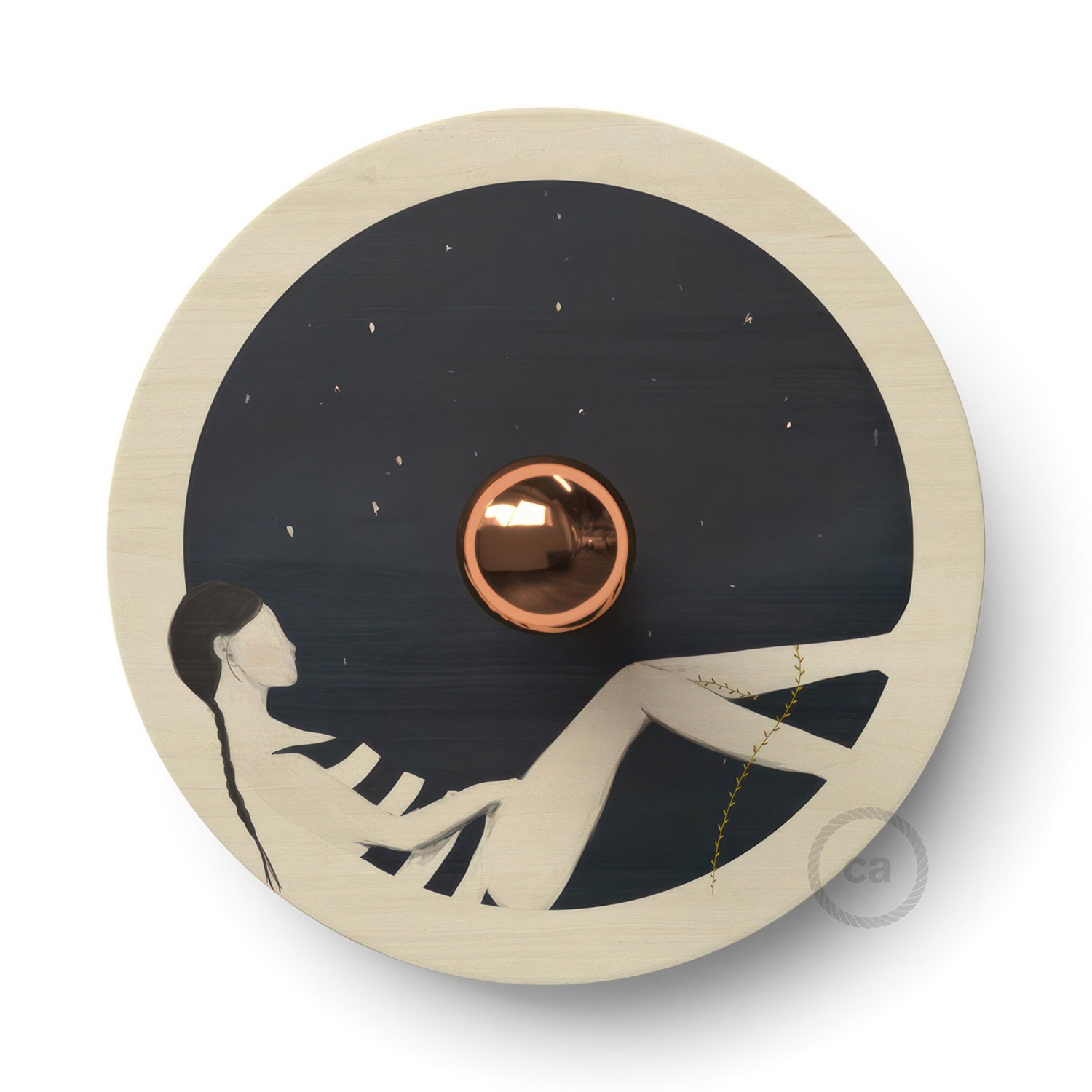 Fermaluce UFO mit doppelseitigem Holzlampenschirm, illustriert von verschiedenen Künstlern, romantisch