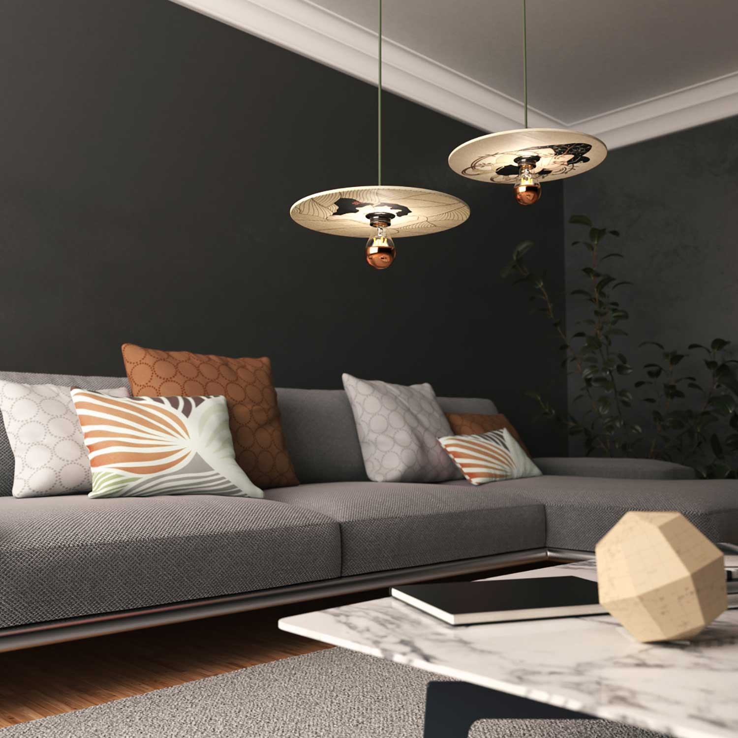 Pendelleuchte inklusive Textilkabel, doppelseitigem UFO-Lampenschirm aus Holz und Metall-Zubehör - Made in Italy