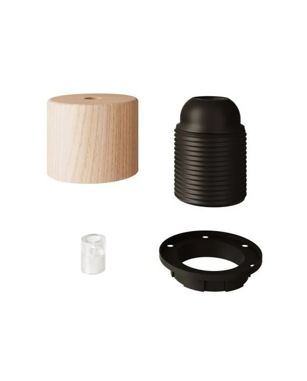 Kit zylinderförmige E27 Holz-Lampenfassung mit Gewinde und Zugentlastung für Lampenschirm