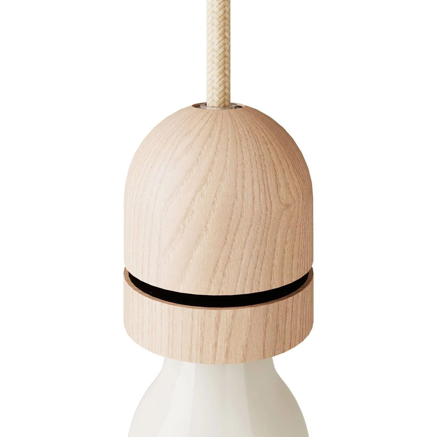 Kit E27 Gewinde-Fassung x Lampenschirm mit abgerundeter Holzabdeckung, versteckter Zugentlastung und Klemmringabdeckung aus Holz - Neutral