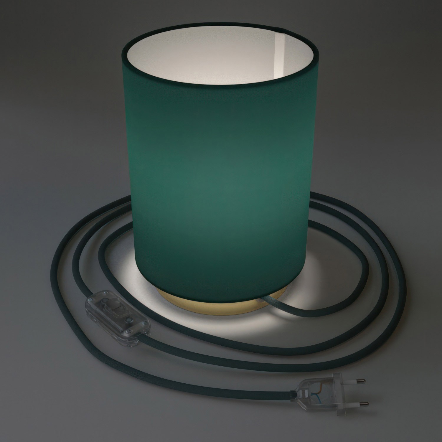 Posaluce aus Metall mit Lampenschirm Cilindro Cinette Petrolio, komplett mit Textilkabel, Schalter und 2-poligem Stecker