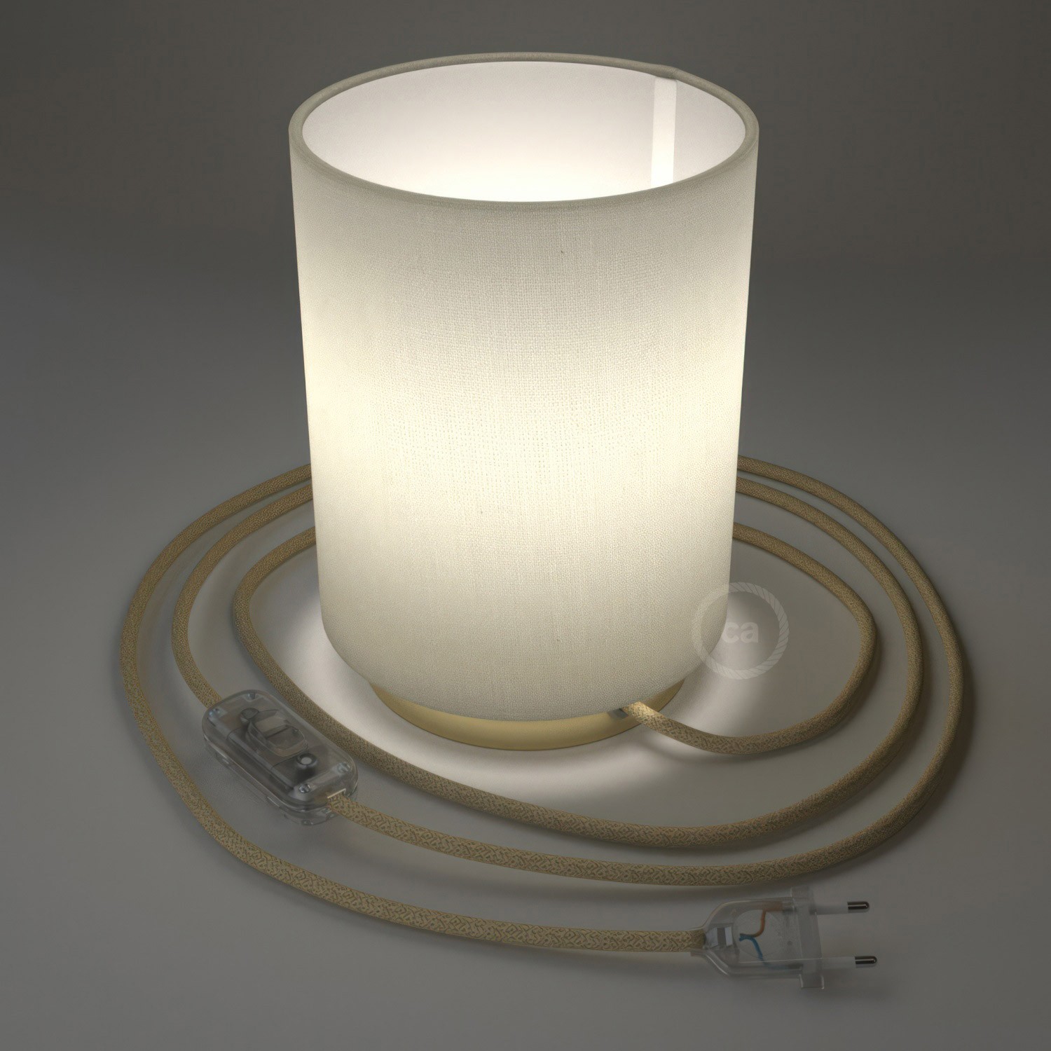 Posaluce aus Metall mit Lampenschirm Cilindro Linone Weiß, komplett mit Textilkabel, Schalter und 2-poligem Stecker