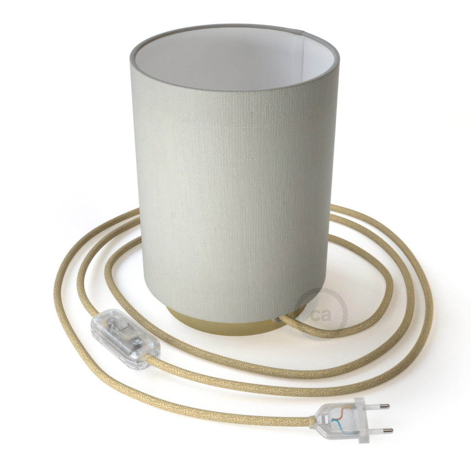 Posaluce aus Metall mit Lampenschirm Cilindro Linone Weiß, komplett mit Textilkabel, Schalter und 2-poligem Stecker