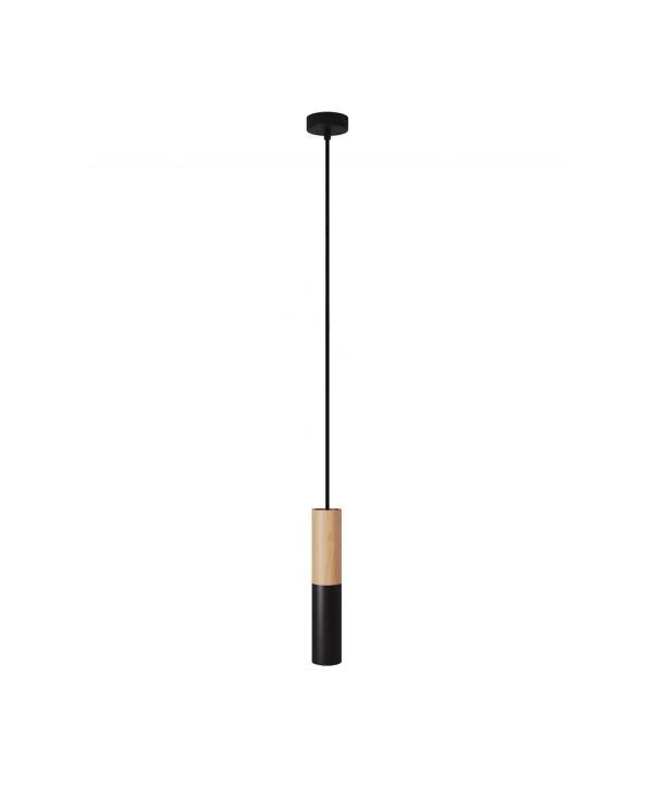 Pendelleuchte Made in Italy, komplett mit Textilkabel und doppeltem Tub-E14 Lampenschirm aus Holz und Metall
