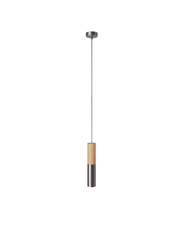 Pendelleuchte Made in Italy, komplett mit Textilkabel und doppeltem Tub-E14 Lampenschirm aus Holz und Metall