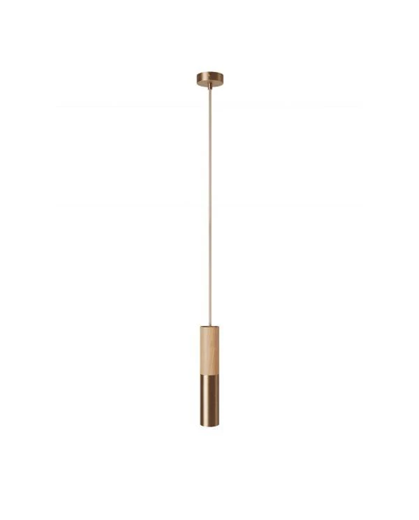 Pendelleuchte Made in Italy, komplett mit Textilkabel und doppeltem Tub-E14 Lampenschirm aus Holz und Metall