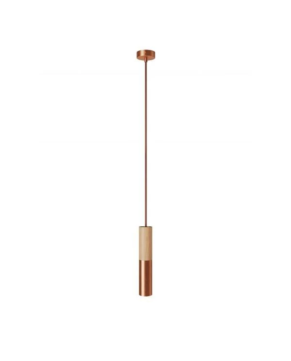 Pendelleuchte Made in Italy, komplett mit Textilkabel und doppeltem Tub-E14 Lampenschirm aus Holz und Metall