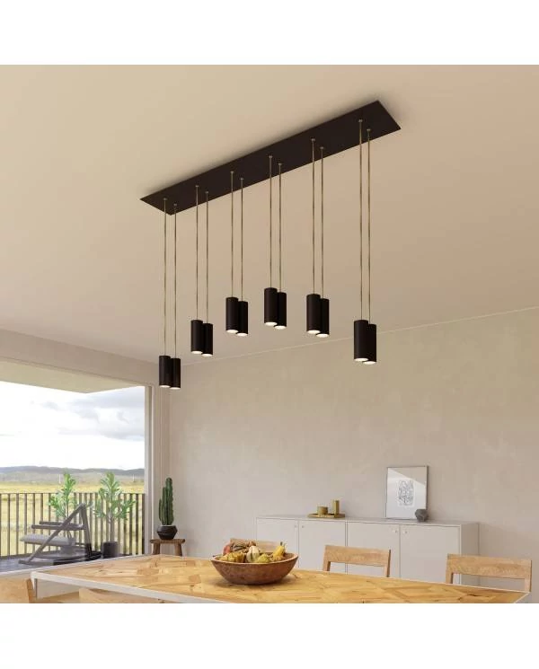 6-flammige Pendelleuchte mit rechteckigem XXL-Rose-One 675 mm komplett mit Textilkabel und Tub-E14-Lampenschirm aus Metall