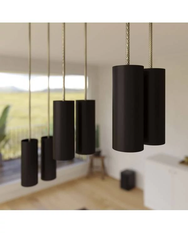 6-flammige Pendelleuchte mit rechteckigem XXL-Rose-One 675 mm komplett mit Textilkabel und Tub-E14-Lampenschirm aus Metall
