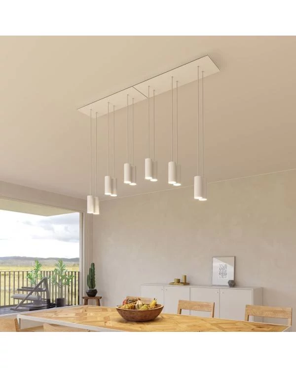 6-flammige Pendelleuchte mit rechteckigem XXL-Rose-One 675 mm komplett mit Textilkabel und Tub-E14-Lampenschirm aus Metall
