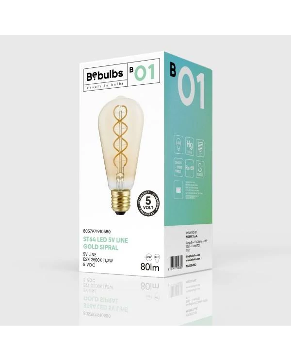Goldfarbene LED-Glühbirne B01 Linie 5V Spiralfilament Edison ST64 1,3W 80Lm E27 2500K Dimmbar