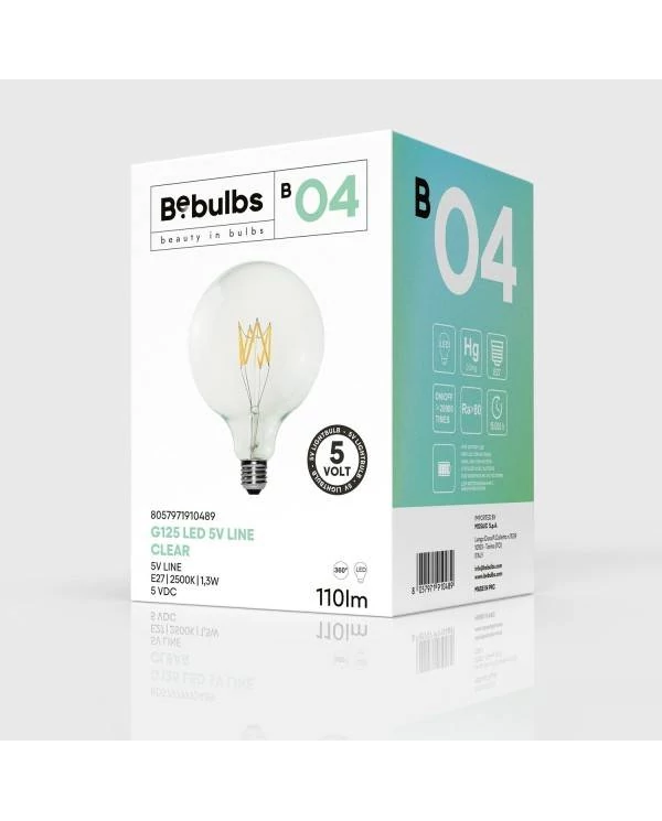 Transparente LED-Glühbirne B04 Linie 5V kurzes Filament Globe G125 1,3W 110Lm E27 2500K Dimmbar