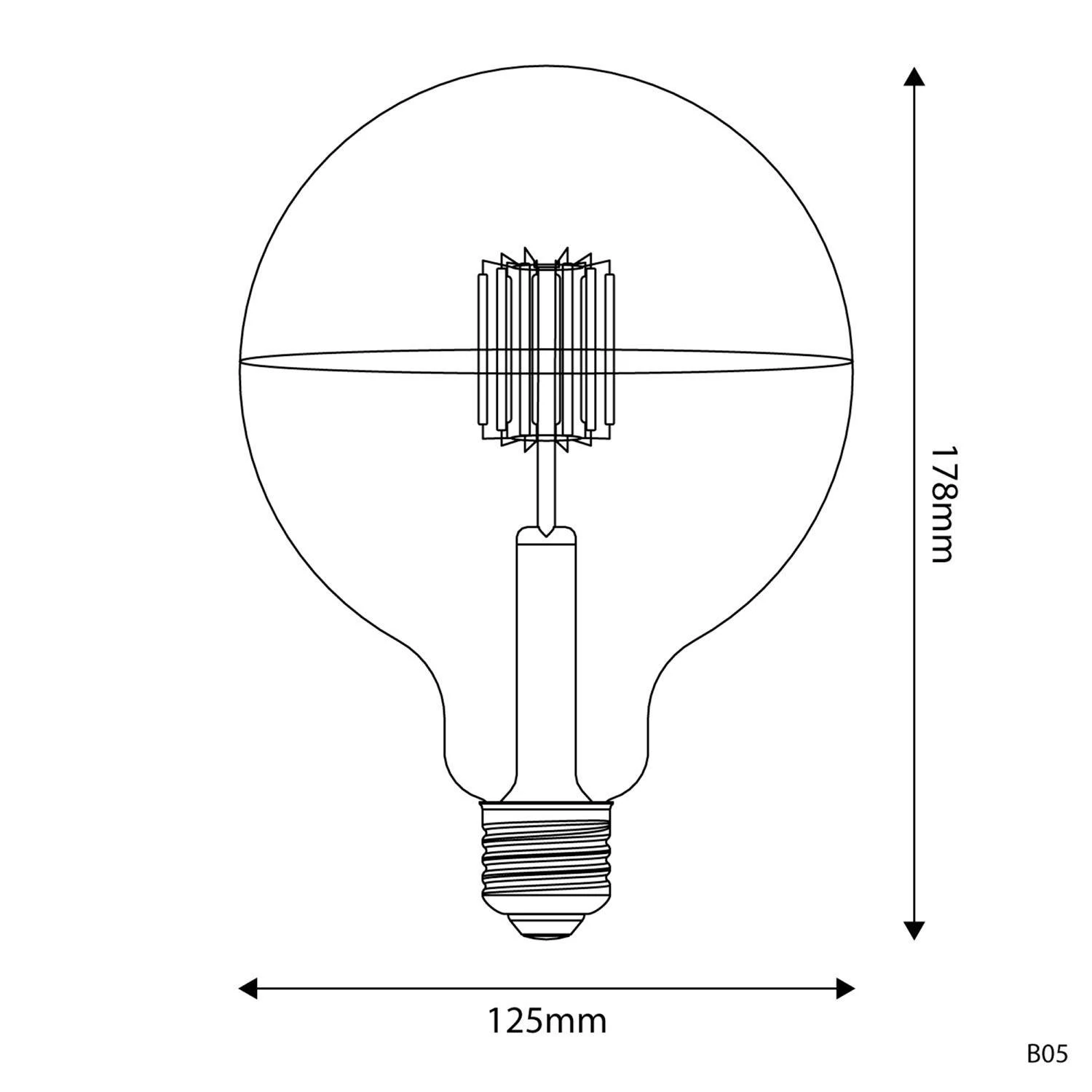 LED-Glühbirne mit silberner Kopfspiegelung B05 Linie 5V kurzes Filament Globe G125 1,3W 110Lm E27 2500K Dimmbar