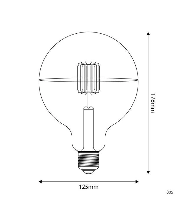 LED-Glühbirne mit silberner Kopfspiegelung B05 Linie 5V kurzes Filament Globe G125 1,3W 110Lm E27 2500K Dimmbar