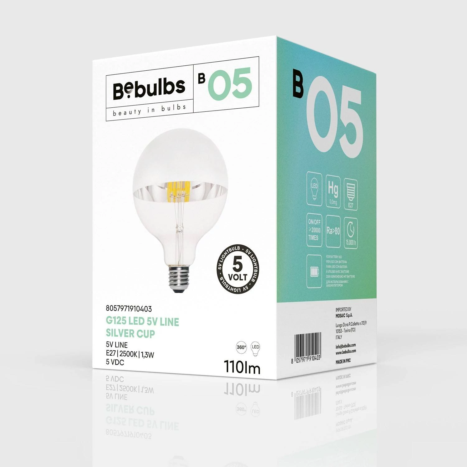 LED-Glühbirne mit silberner Kopfspiegelung B05 Linie 5V kurzes Filament Globe G125 1,3W 110Lm E27 2500K Dimmbar