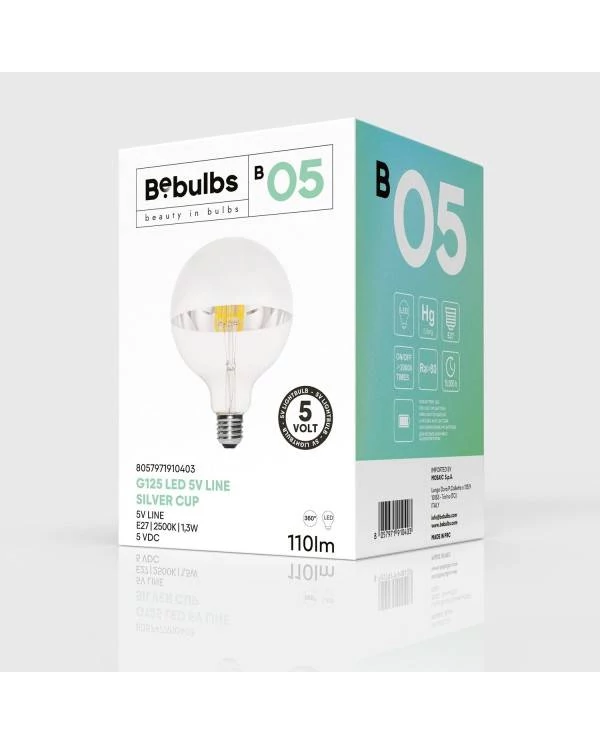 LED-Glühbirne mit silberner Kopfspiegelung B05 Linie 5V kurzes Filament Globe G125 1,3W 110Lm E27 2500K Dimmbar