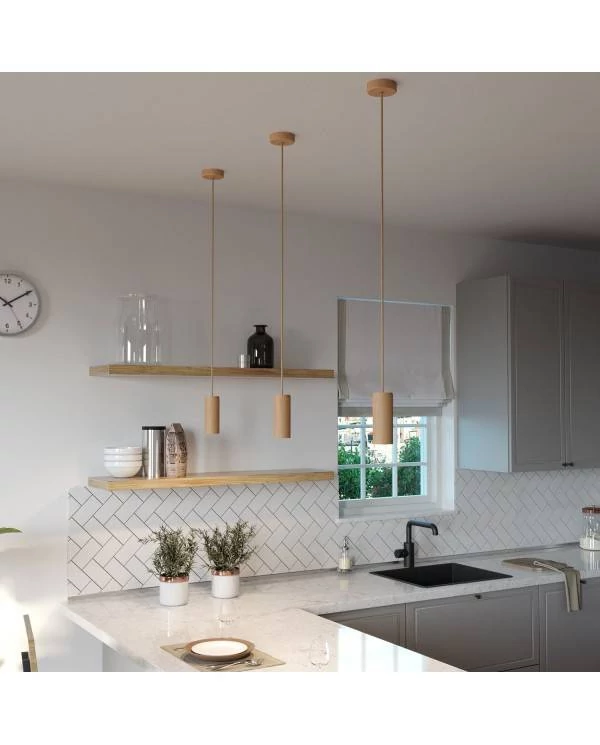 Tub-E14, Holzrohr für Strahler mit E14 Lampenfassung mit Doppelklemmring