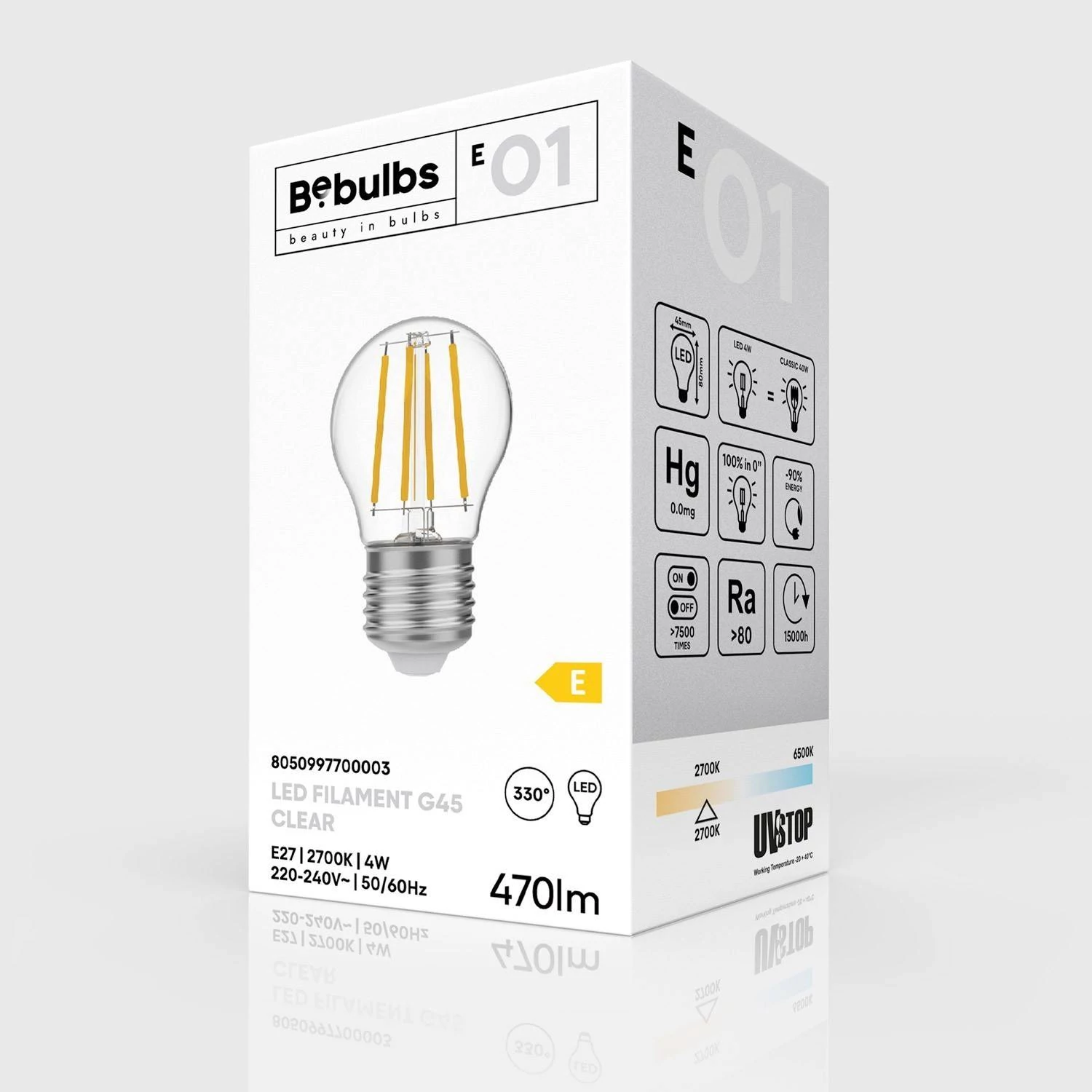 LED Glühbirne Mini Globe G45, transparent 4W 470Lm E27 2700K - E01
