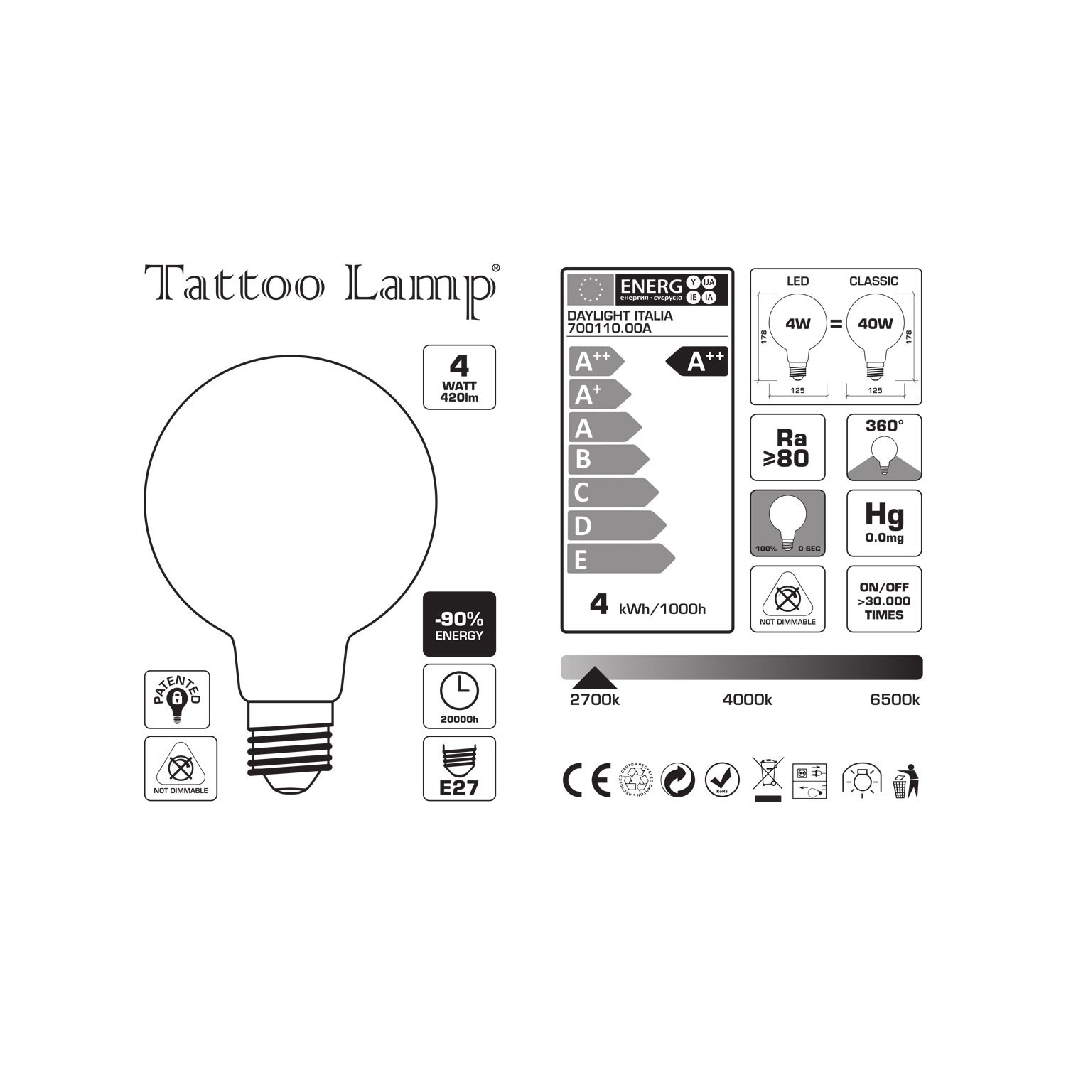 LED-Glühbirne 4W 420Lm E27 Klar matt Globo G125 Herz, 2700K Tattoo Lamp®