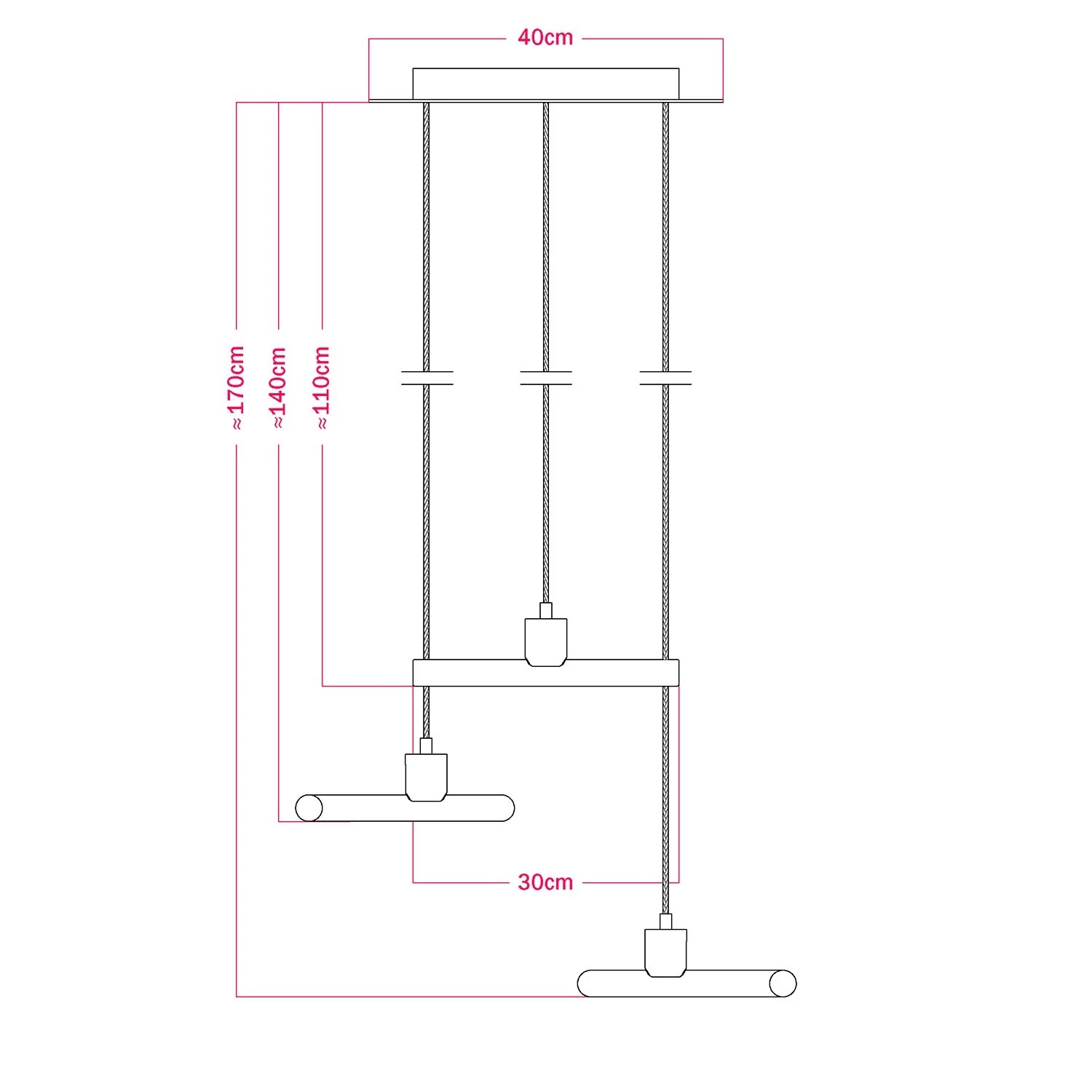 Pendelleuchte mit 3 asymmetrischen esse14 Aufhängungen und Rose-One Baldachin, komplett mit Textilkabel und Metall-Ausführungen