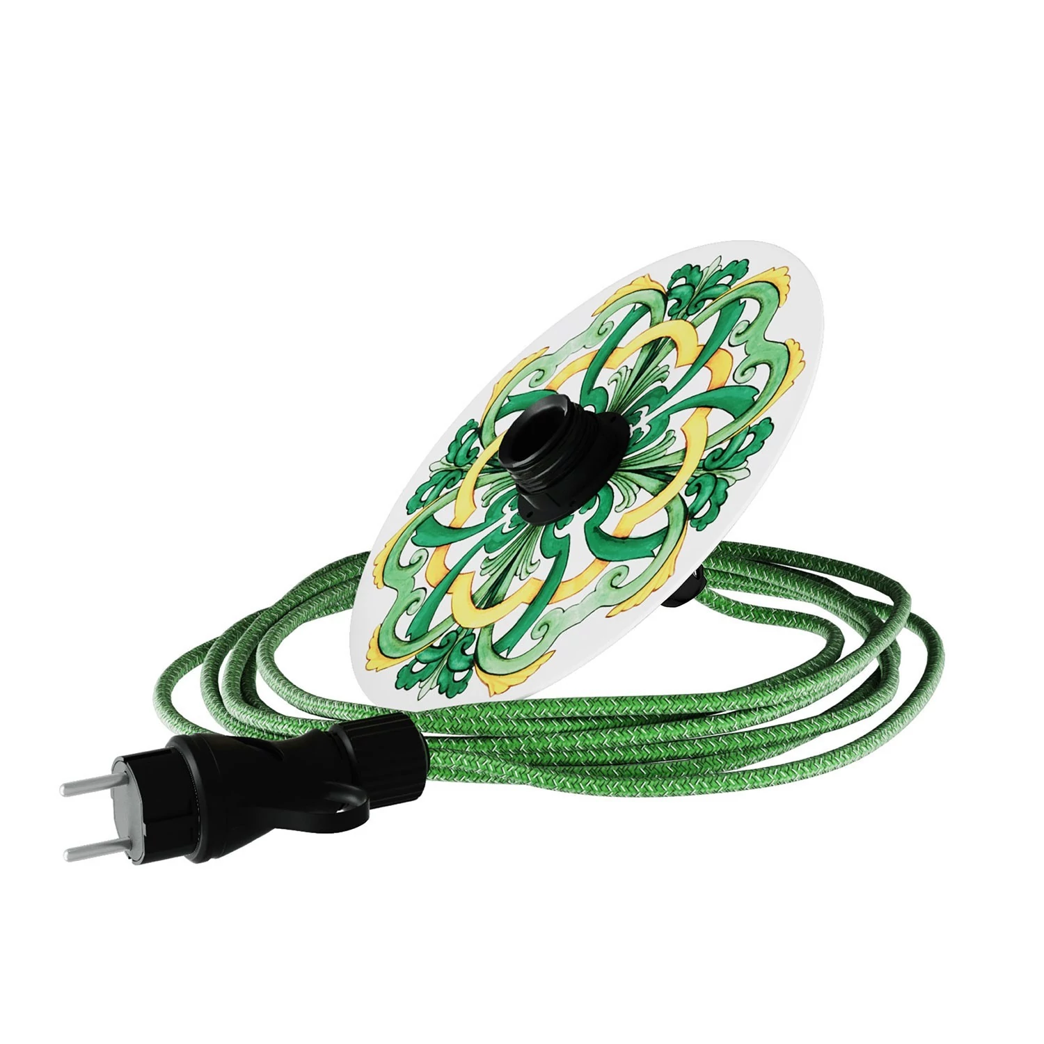 Snake Eiva mit Mini Teller-Lampenschirm Ellepì 'Maiolica', tragbare Außenleuchte mit wasserfester IP65 Lampenfassung und Stecker - Majolika Gelb - Grün
