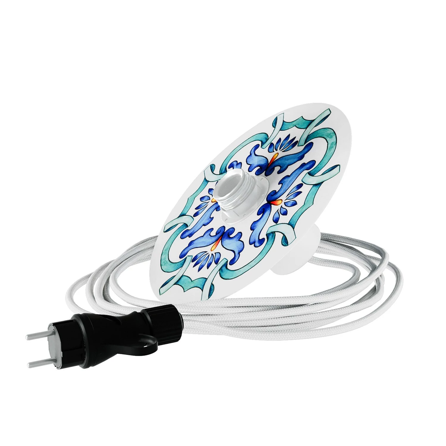 Snake Eiva mit Mini Teller-Lampenschirm Ellepì 'Maiolica', tragbare Außenleuchte mit wasserfester IP65 Lampenfassung und Stecker - Majolika Blau