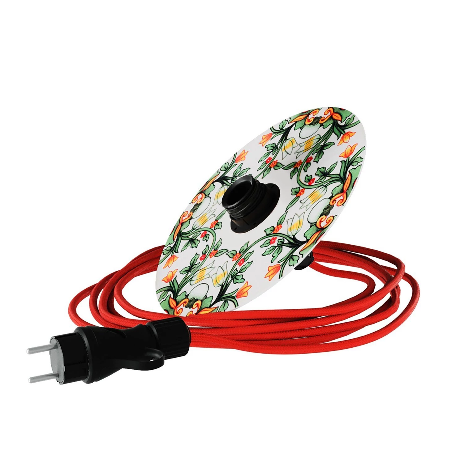 Snake Eiva mit Mini Teller-Lampenschirm Ellepì 'Maiolica', tragbare Außenleuchte mit wasserfester IP65 Lampenfassung und Stecker - Majolika Rot - Grün