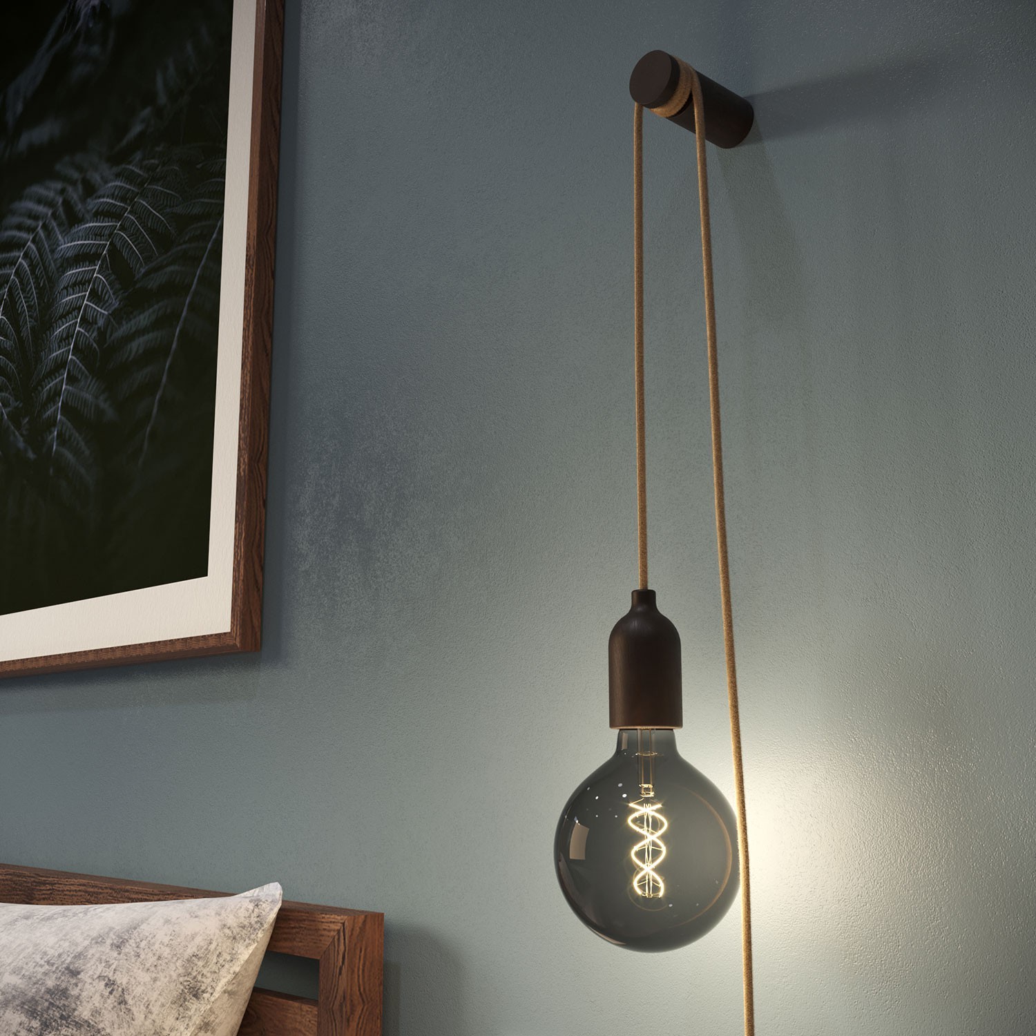 Snake, Zuleitung mit Lampenfassung aus Holz, Stecker und Schalter, komplett mit Rolé, unserem Wand- oder Deckenpin aus Holz