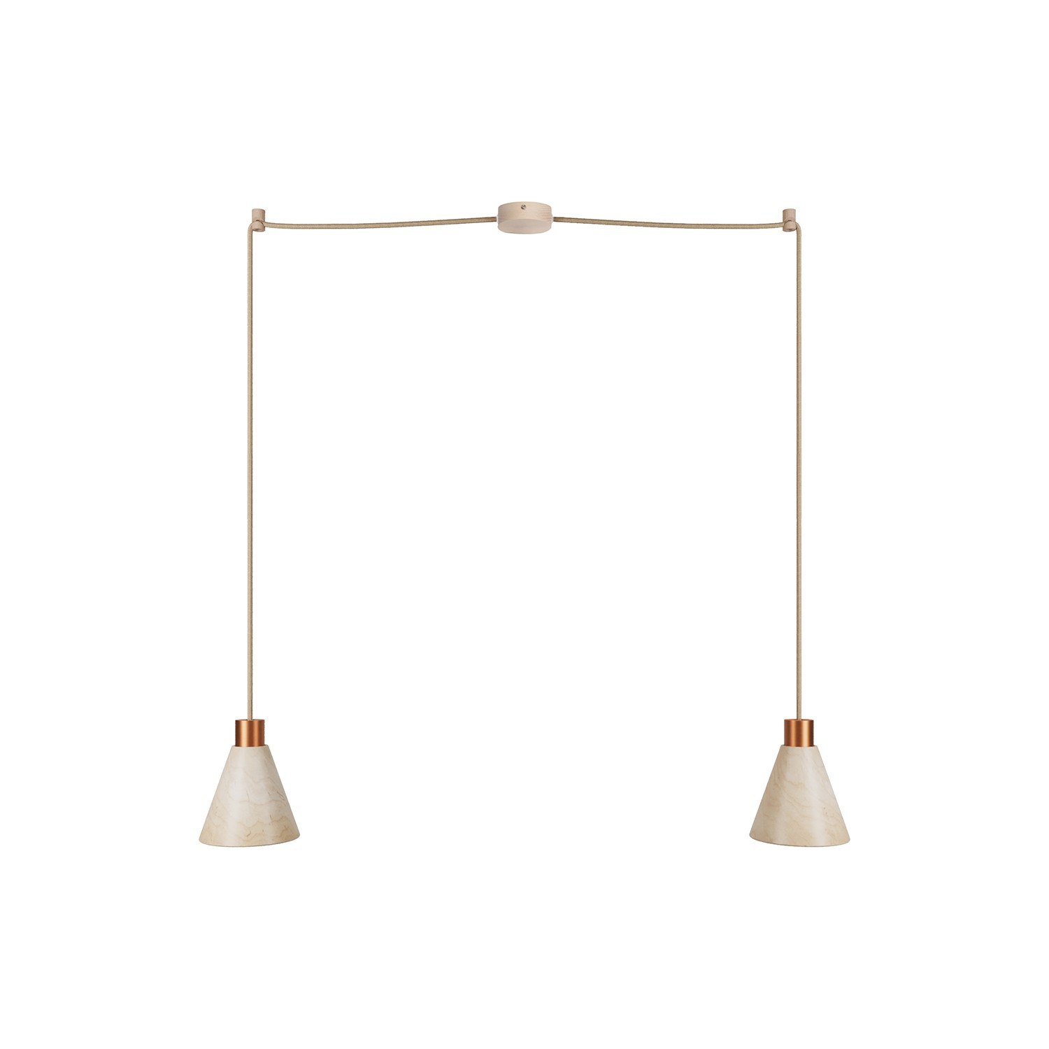 Pendelleuchte mit 2 Aufhängungen und kegelförmigen Lampenschirmen aus Holz
