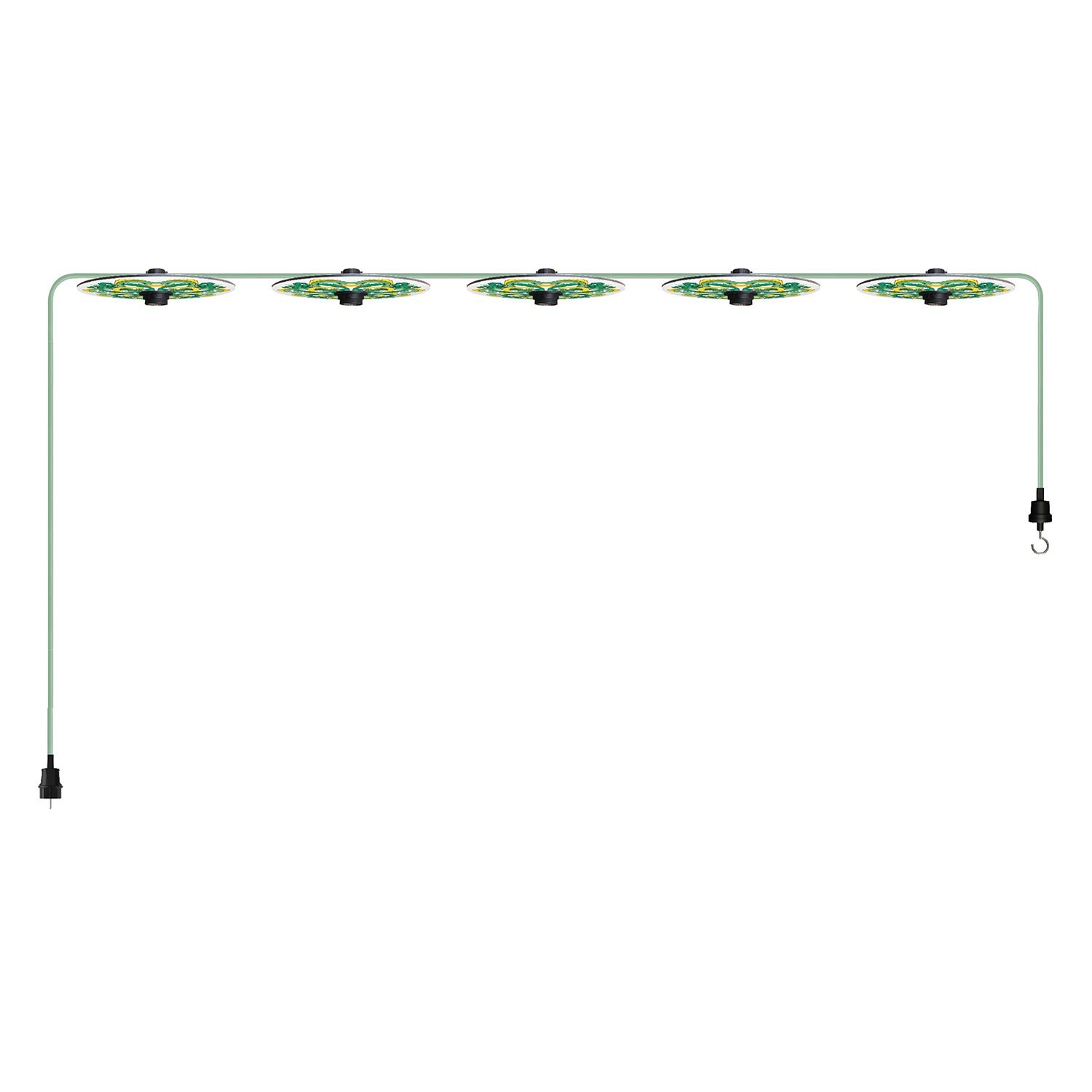 Lumet Lichterkettensystem 'Maiolica', 7,5 m lang, mit Textilkabel, 5 Fassungen und Lampenschirmen, Haken und schwarzem Stecker