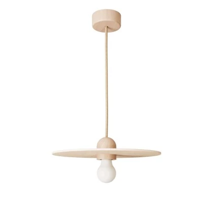 Pendelleuchte aus Holz, komplett mit Textilkabel und UFO Lampenschirm