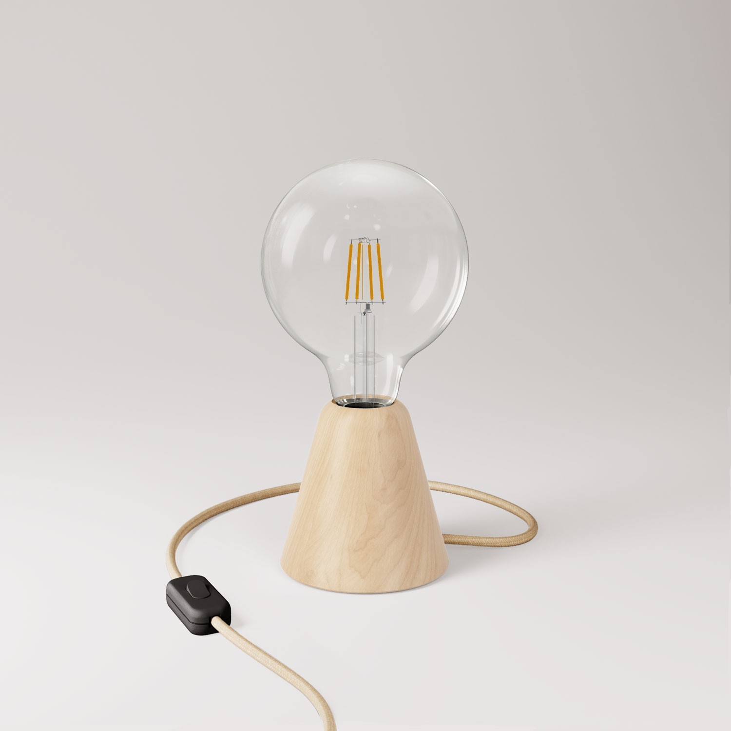 Tischlampe mit Eschenholzsockel und transparenter Glühbirne - RN06