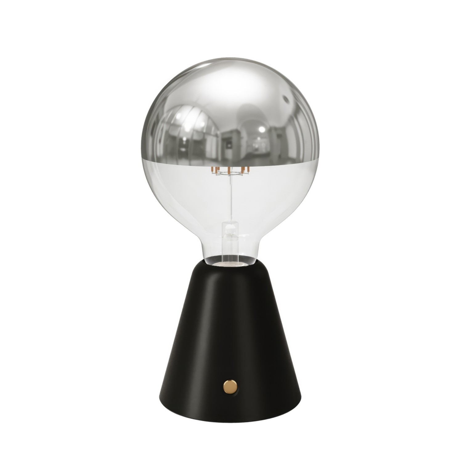 Tragbare, wiederaufladbare LED Leuchte Cabless01 mit Globe Glühbirne mit silberfarbener Kopfspiegelung - Schwarz