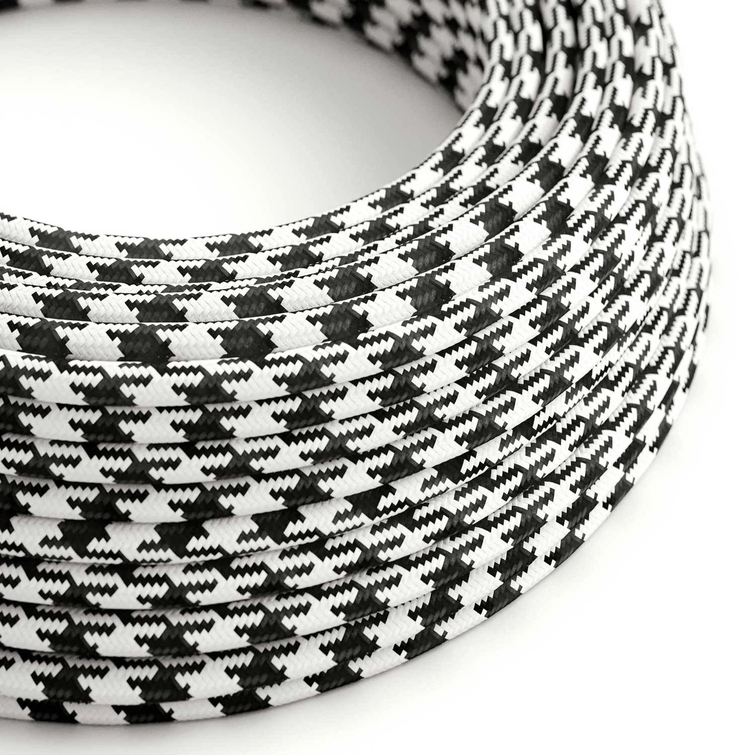 Textilkabel, weiß-kohlenschwarz Hahnentrittmuster glänzend - Das Original von Creative-Cables - RP04 rund 2x0.75mm / 3x0.75mm