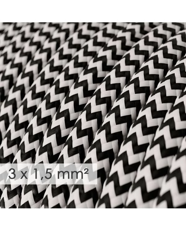 Textilkabel rund mit breitem Querschnitt 3x1,50 - Seideneffekt ZickZack Schwarz RZ04