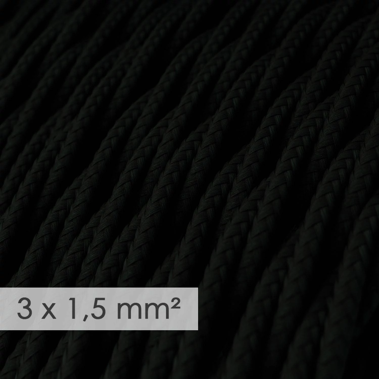 Textilkabel geflochten mit breitem Querschnitt 3x1,50 - Seideneffekt Schwarz TM04