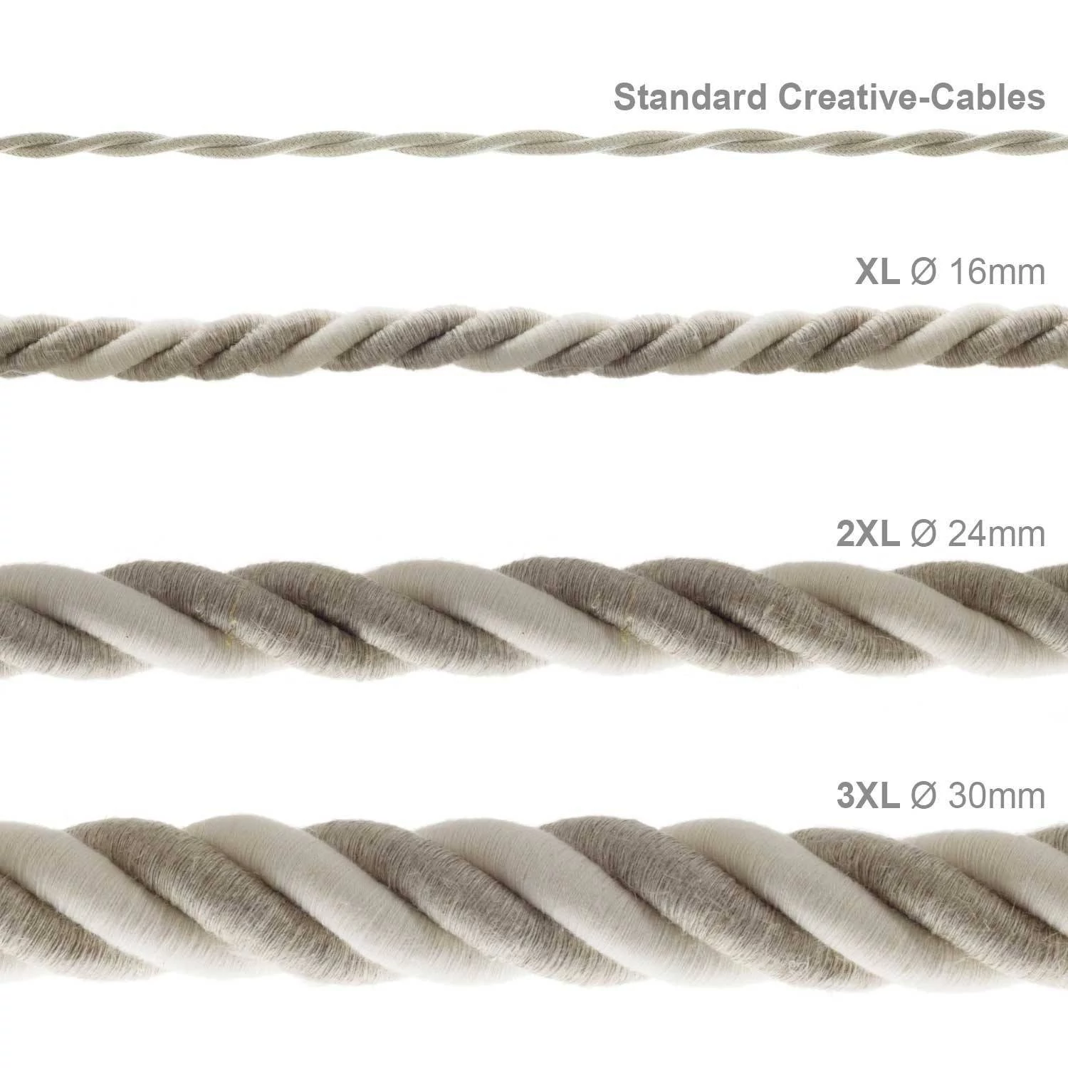 Elektrisches Tauseil XL 3x0,75 aus natürlichen Leinen und grober Baumwolle. Durchmesser 16 mm