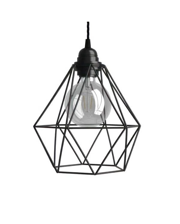 Pendelleuchte inklusive Glühbirne, Textilkabel, diamantförmiger Lampenschirmkäfig und Metall-Zubehör - Made in Italy